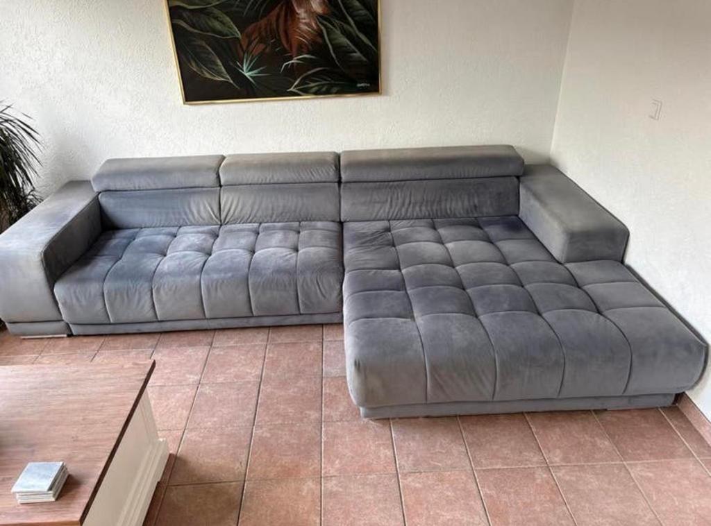 Comfortabele grijze loungebank met chaise longue, Ophalen, Gebruikt, Stof