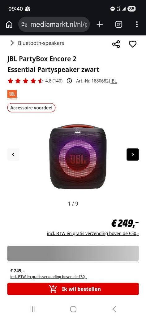 Jbl encore 2 partyspeaker, Ophalen, JBL, Overige typen, Nieuw