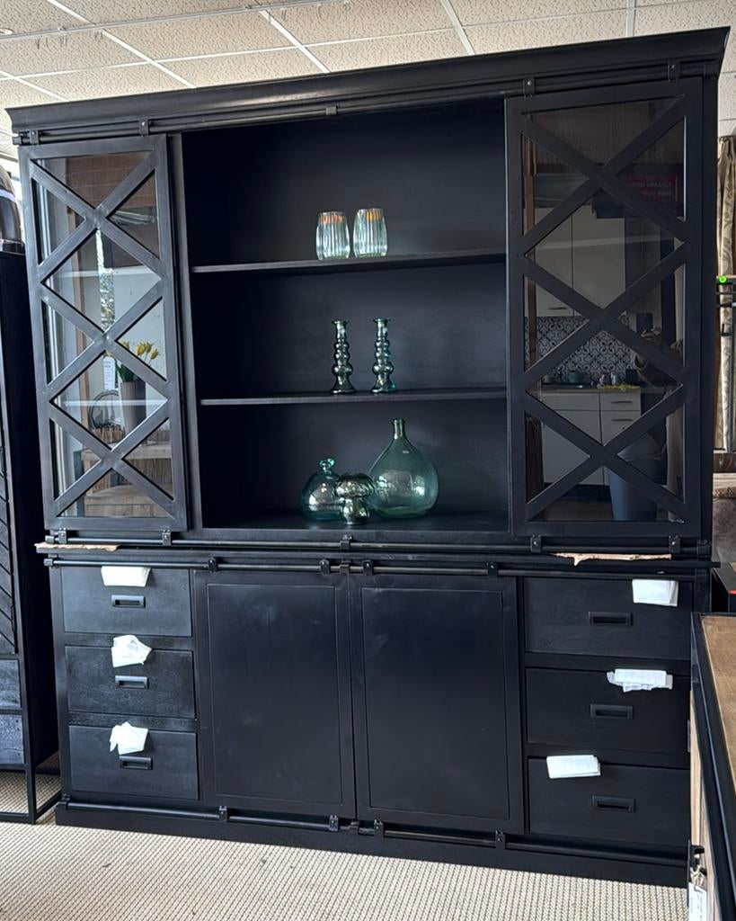 Buffetkast zwart mangohout 200cm, Huis en Inrichting, Kasten | Buffetkasten, Ophalen, Met deur(en), 200 cm of meer, 150 tot 200 cm