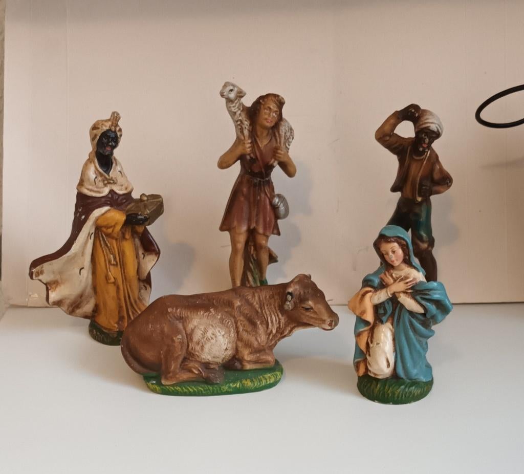Antieke papier mache Kerststalfiguren Maria Jozef Os kerst, Diversen, Kerst, Ophalen of Verzenden, Gebruikt
