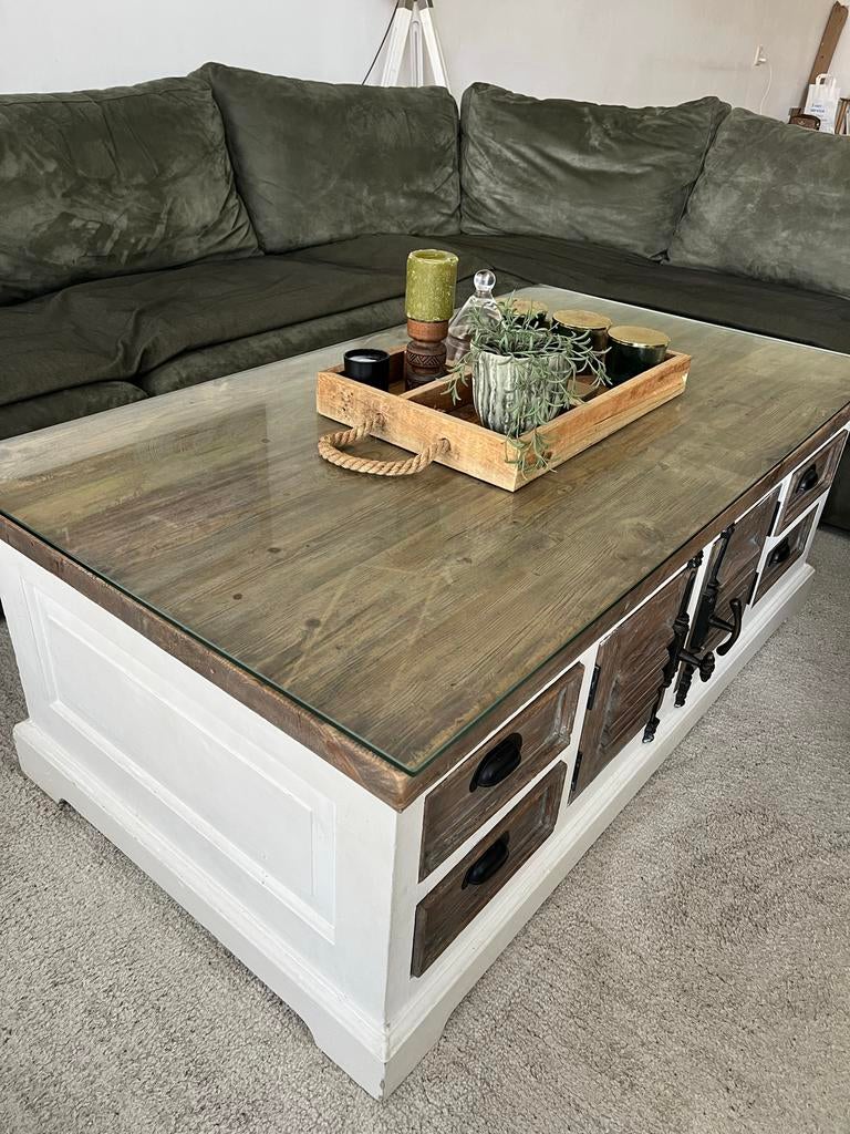 Salontafel hout met louvre deurtjes en veel opbergruimte, Ophalen, Gebruikt, 100 tot 150 cm, 50 tot 100 cm