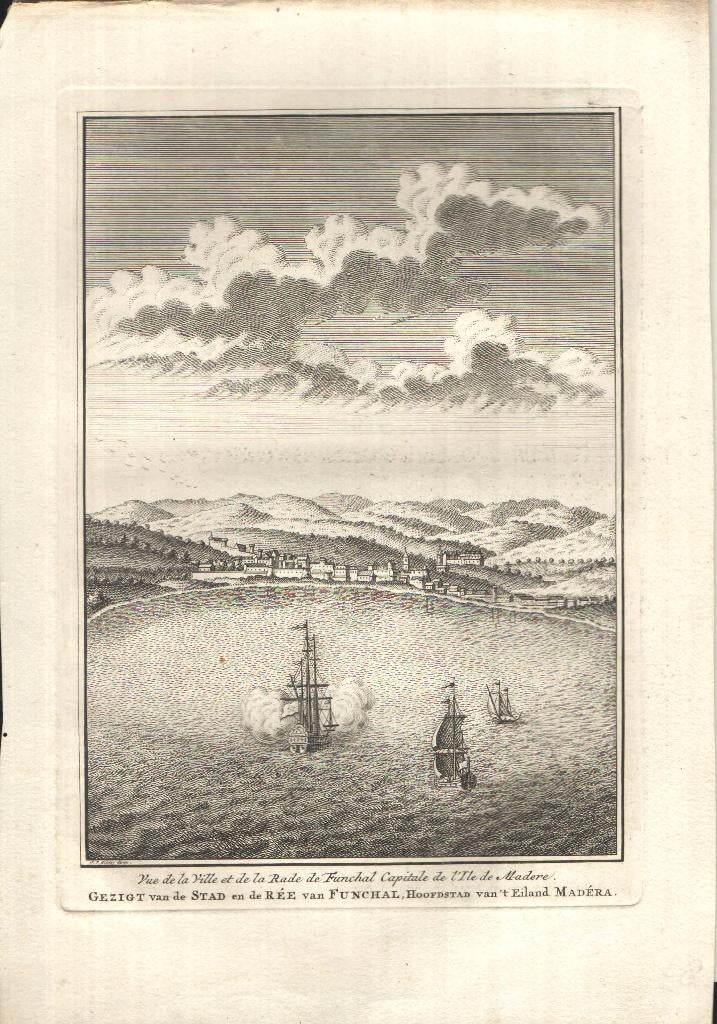 Gezigt van de stad en de ree van Funchal (1748), Antiek en Kunst, Kunst | Etsen en Gravures, Ophalen of Verzenden, Landschap, Gravure