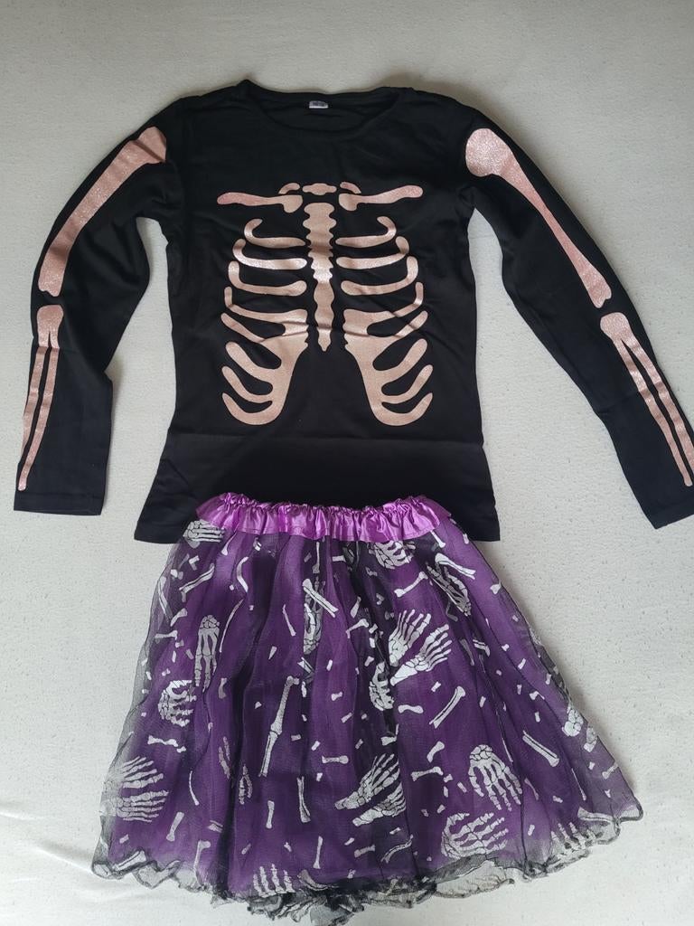 Halloween skelet rok en shirt maat 146/152, Kinderen en Baby's, Ophalen of Verzenden, Zo goed als nieuw, 146 t/m 152, Meisje