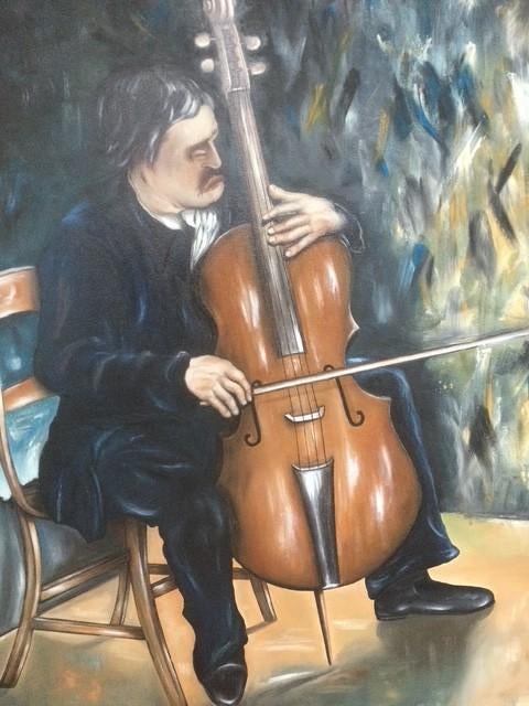 Olieverfschilderij: man met cello, Antiek en Kunst, Kunst | Schilderijen | Modern, Ophalen of Verzenden