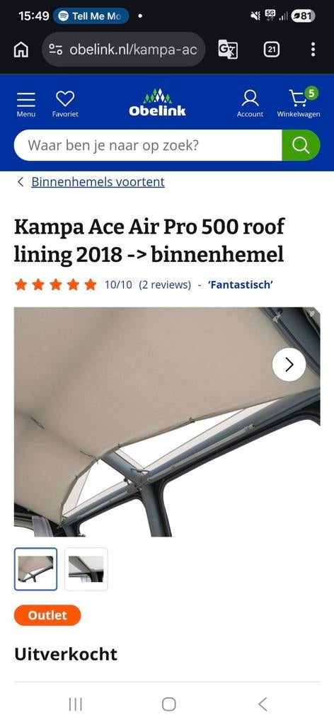Kampa Ace Air Pro 500 roof lining 2018 -> binnenhemel, Ophalen