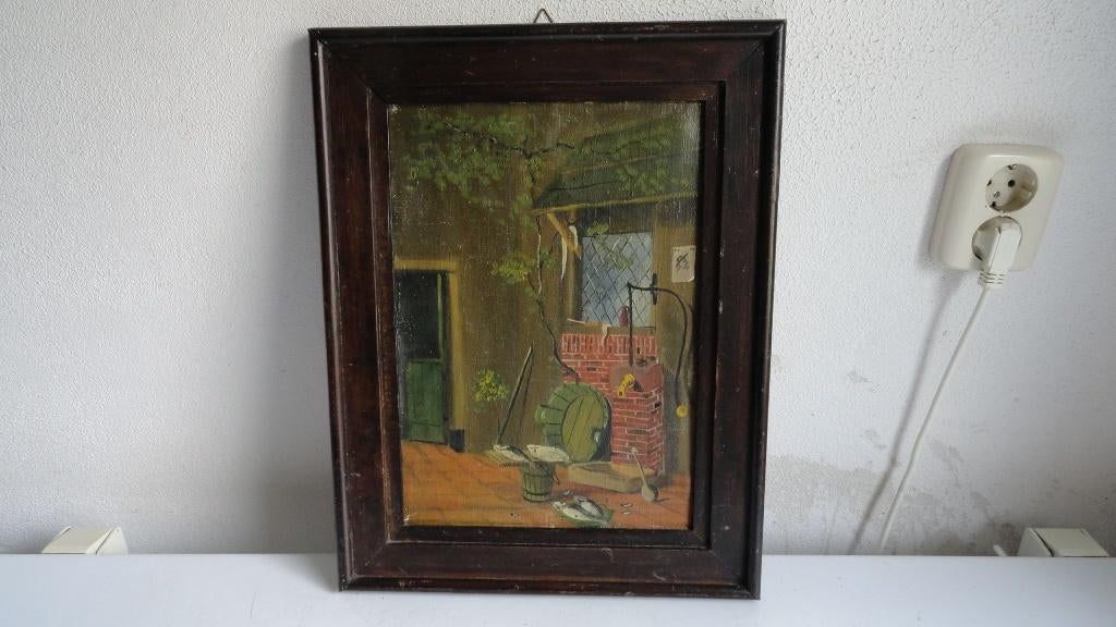 Schilderij, buitentafereeltje bij waterpomp met wastobbe, Antiek en Kunst, Ophalen of Verzenden