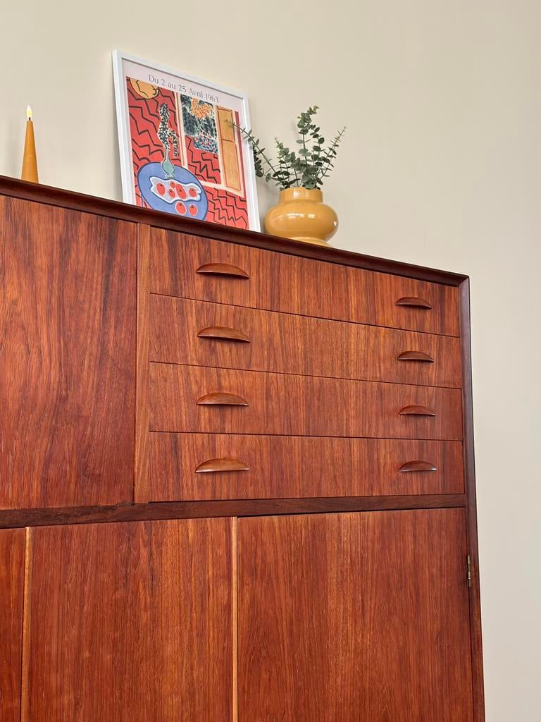 Vintage wandkast teak hout Deens jaren 50/60/70 lades, Ophalen, Gebruikt, Met deur(en), 100 tot 150 cm
