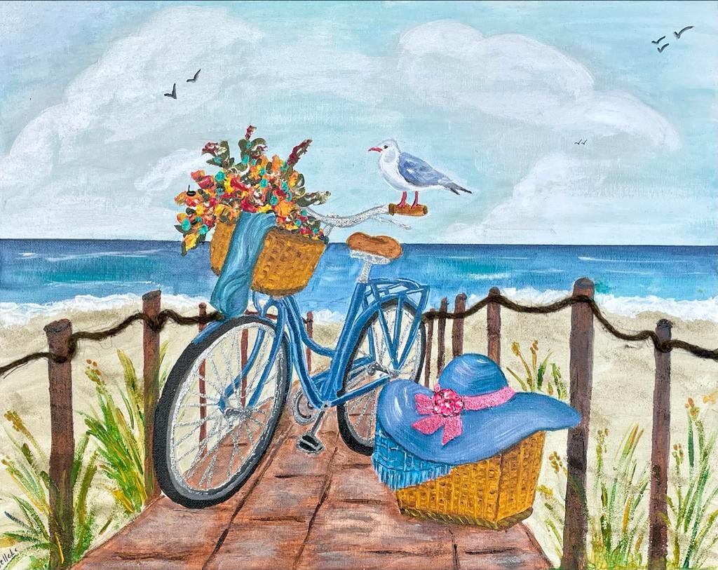 Schilderij: Fiets aan Zee, Antiek en Kunst, Kunst | Schilderijen | Abstract, Ophalen of Verzenden