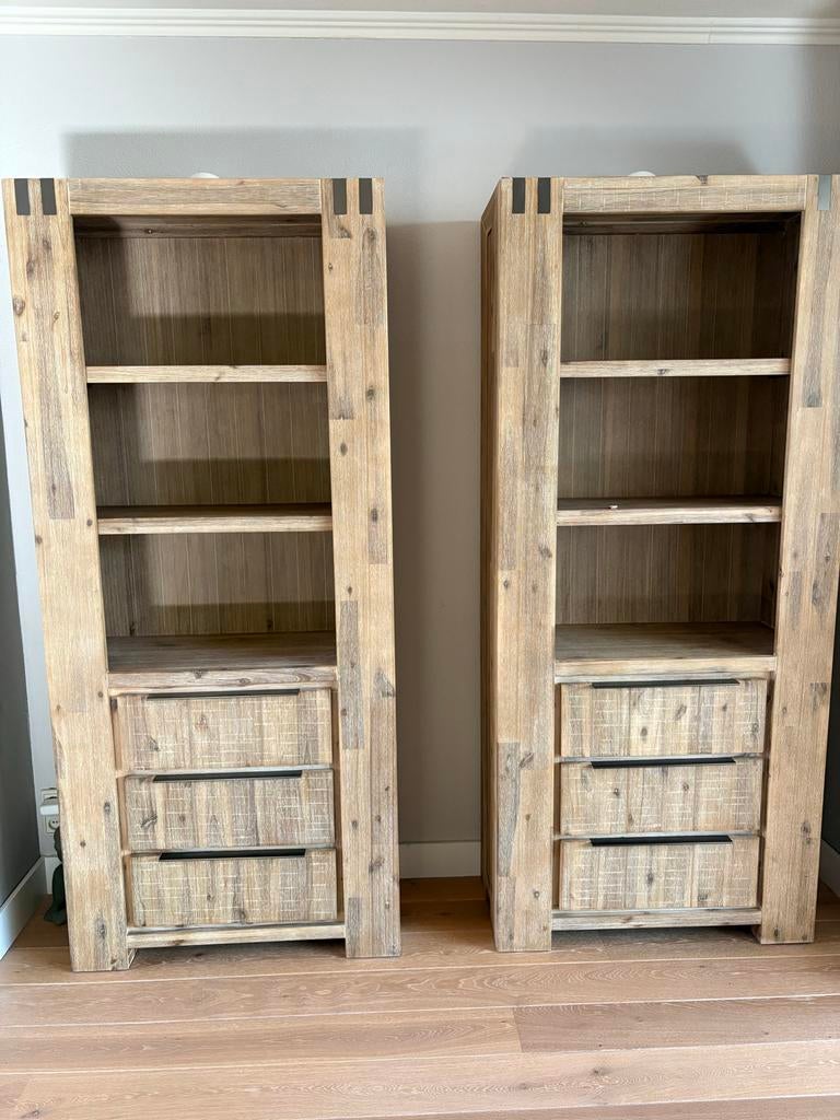 Twee acaciahouten kasten van Pronto met vakken en laden, Ophalen, Gebruikt, 50 tot 100 cm, Met lade(s)