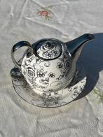 Theepot met kop en schotel - Zwart/Wit bloemen, Keramiek, Ophalen of Verzenden, Zo goed als nieuw, Overige stijlen