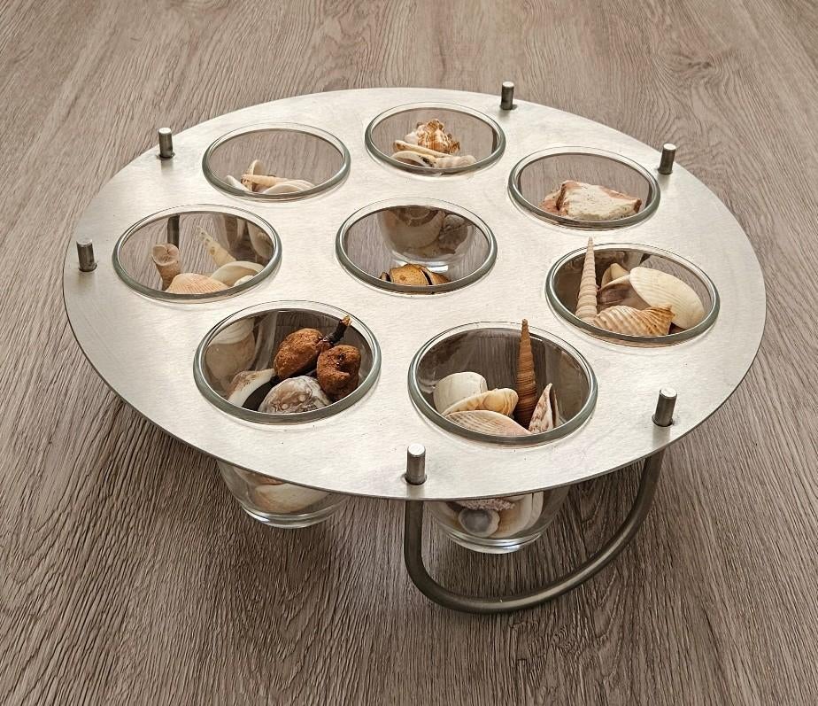 Modern RVS-plateau met 8 glazen bakjes, Ophalen of Verzenden, Gebruikt, Metaal, Modern