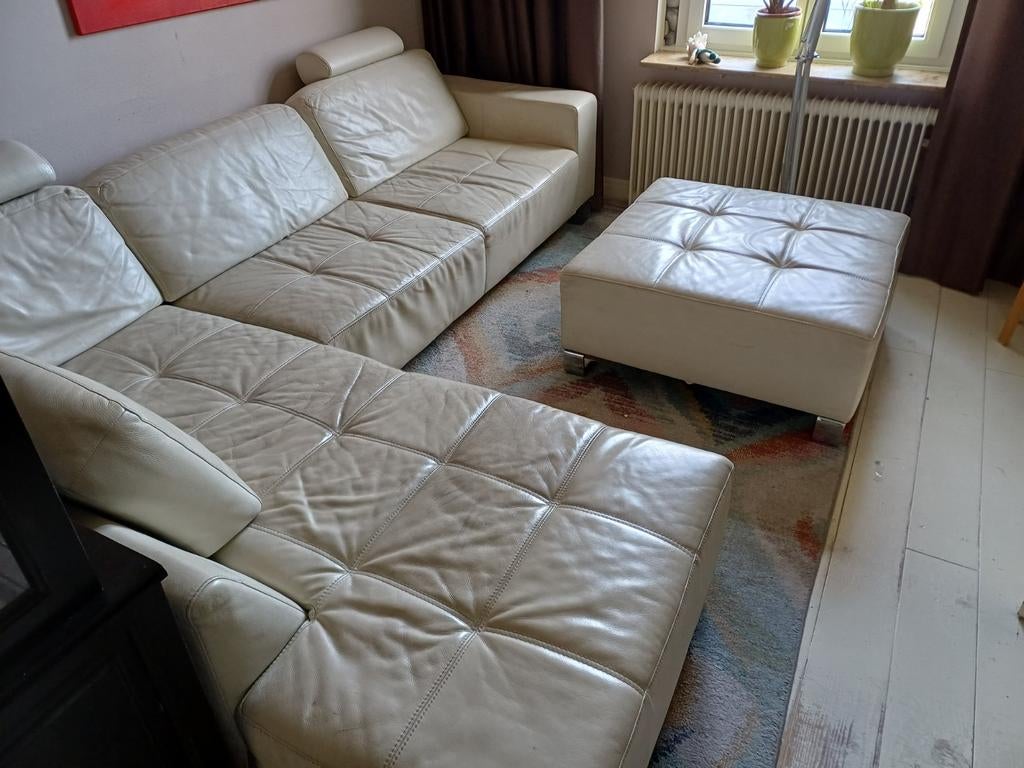 Leren hoekbank wit met losse hocker, Ophalen, Gebruikt, Leer, Modern