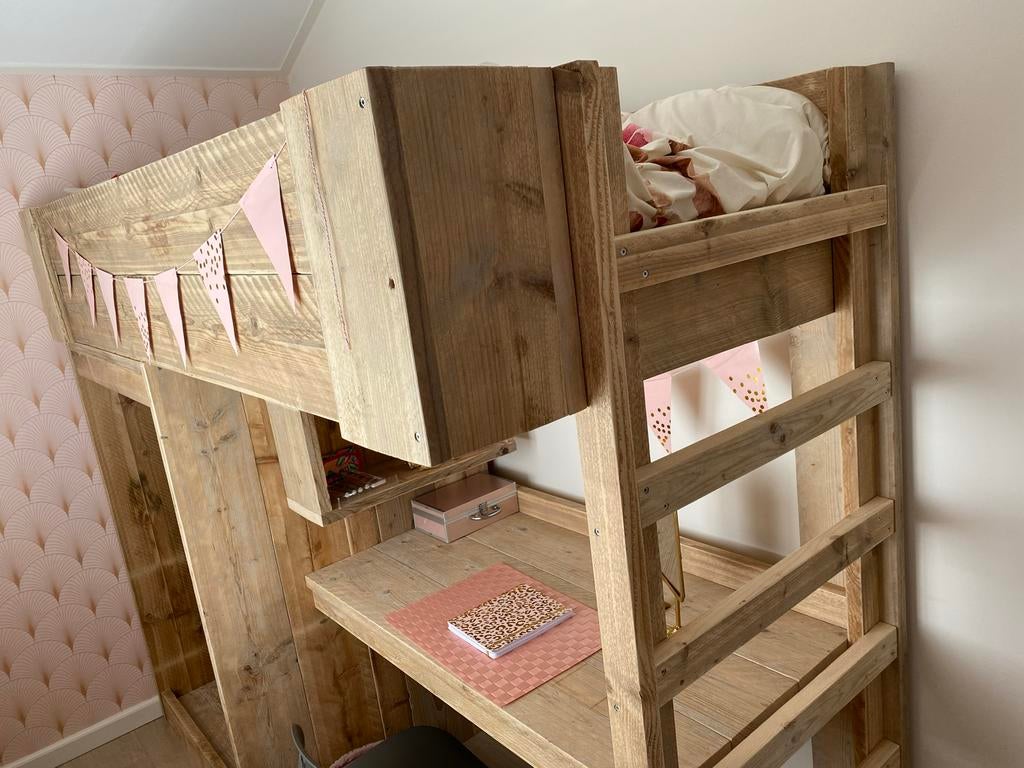 Steigerhouten hoogslaper met bureau en opbergruimte, Ophalen, Gebruikt, Hoogslaper