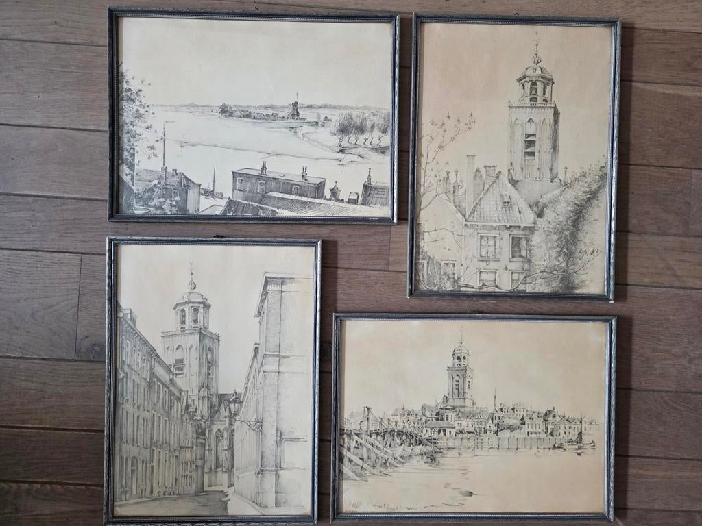 Dirk Kruizinga Deventer Schetsen - 4 Ingelijste Prenten, Ophalen of Verzenden