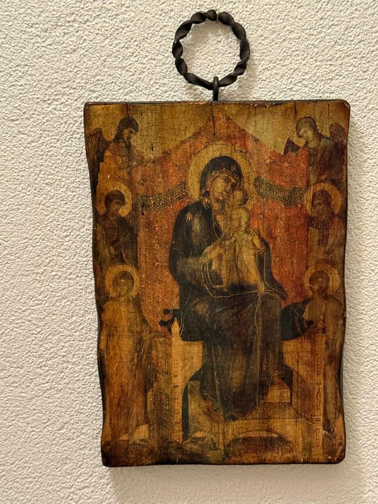 Oude religieuze icoon op hout – Madonna met kind – Sicilië, Antiek en Kunst, Antiek | Religie, Ophalen