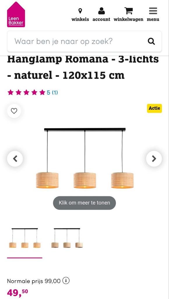 Leenbakker hanglamp, 3 kappen, Ophalen, Nieuw, Boho