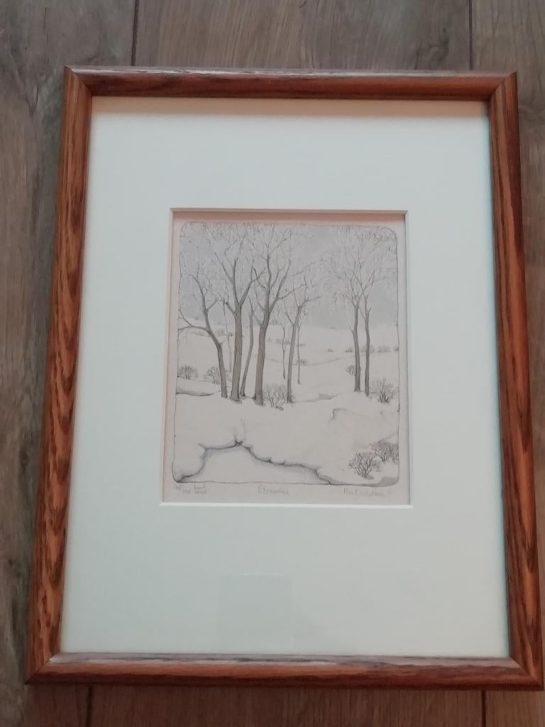 Gravure "December" Suzan Hunt-Wulkowocz gesigneerd, Antiek en Kunst, Ophalen, 1950 - 1999, Ingelijst, Gravure