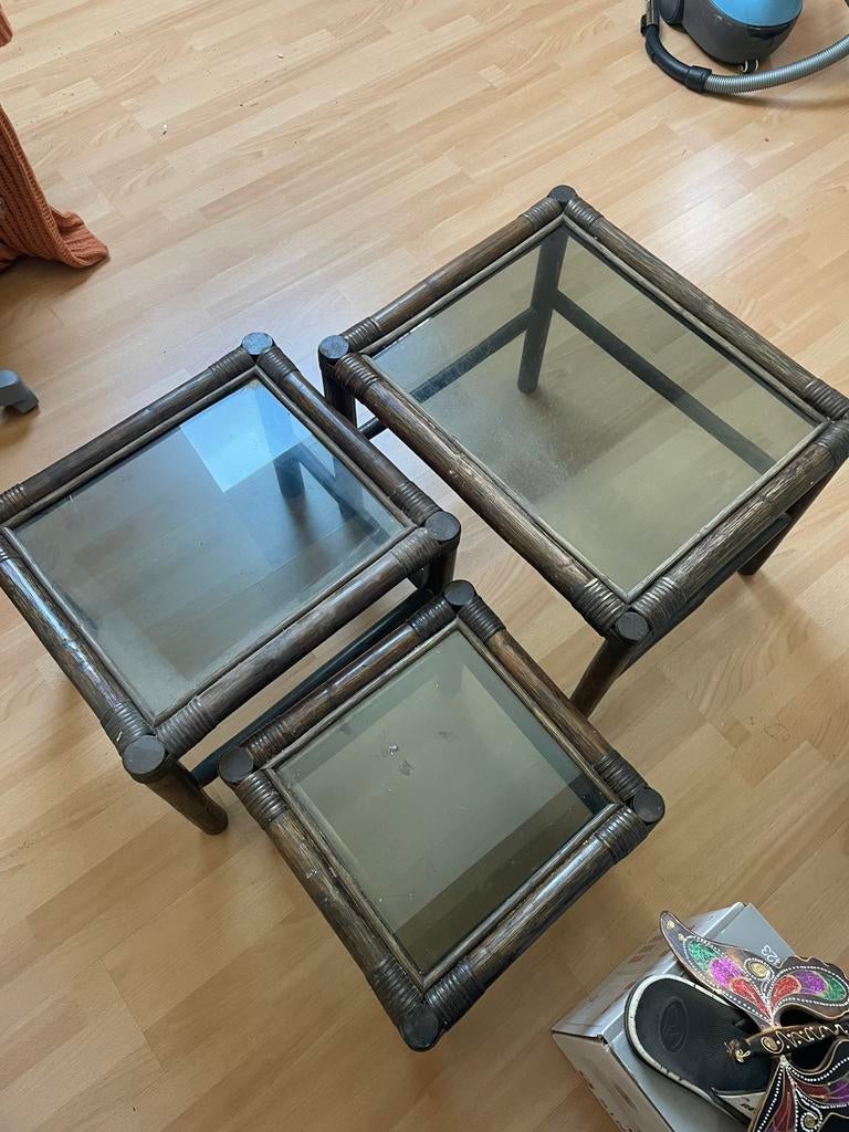 Set 3 tafels bamboe, Ophalen, Gebruikt, 50 tot 100 cm, Vierkant