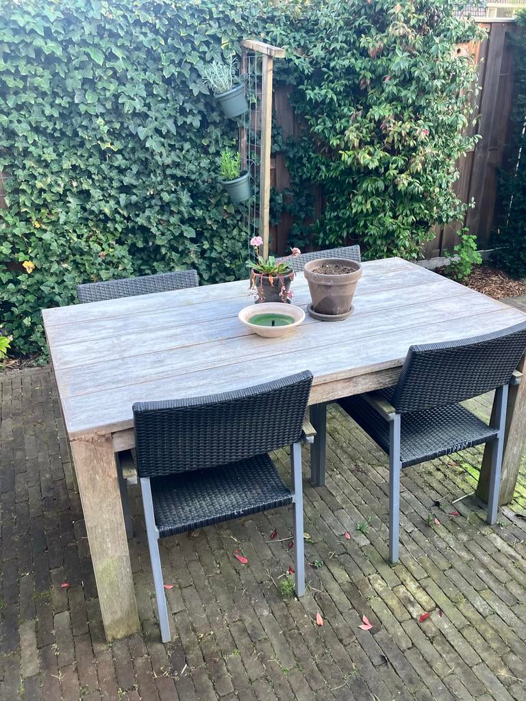 Teak tuintafel met stoelen - 160x90x78 cm, Ophalen, Gebruikt, Rechthoekig, Teakhout