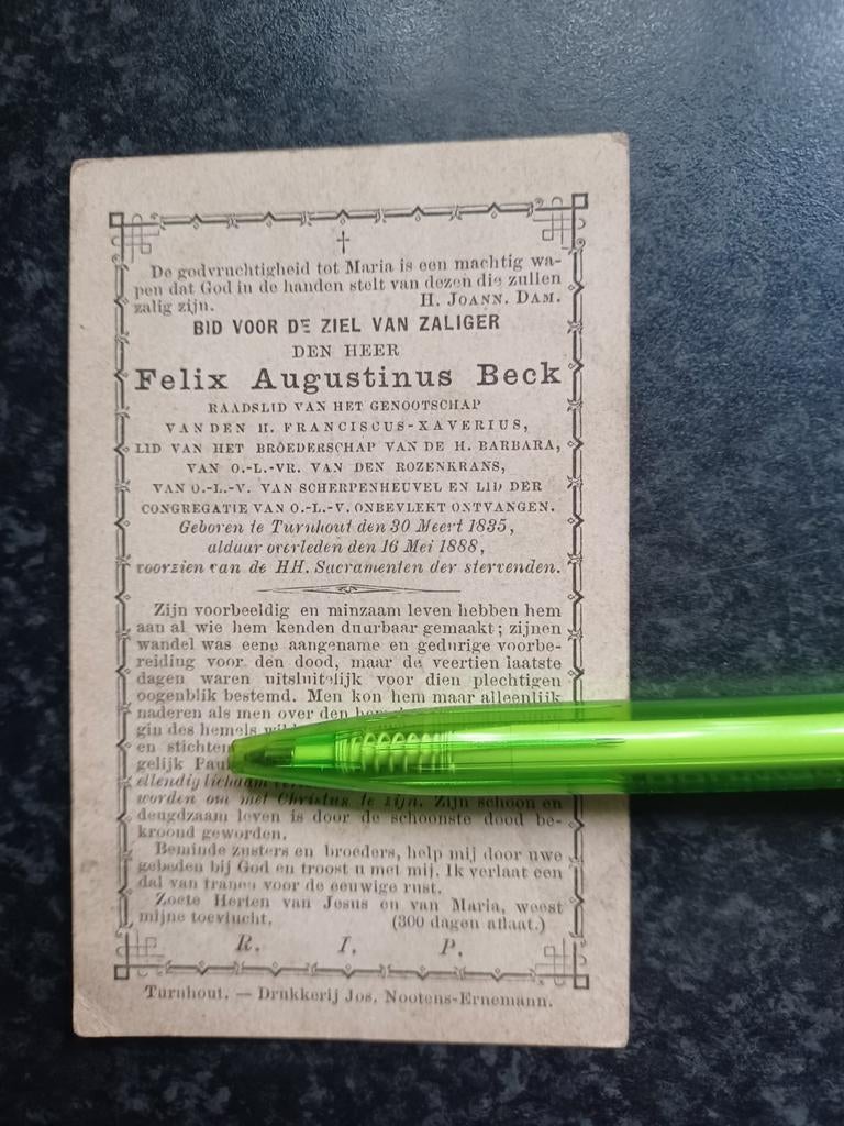 Bidprentje Turnhout Felix Beck 1835 1888, Verzamelen, Ophalen, Bidprentje