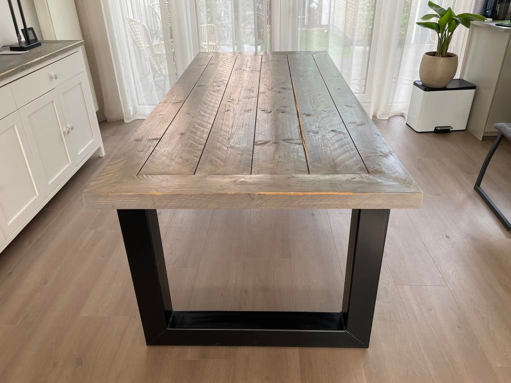 ✅ Unieke Industriële eettafel 220 cm met stalen tafelpoten, Huis en Inrichting, Tafels | Eettafels, Ophalen, Gebruikt, 200 cm of meer