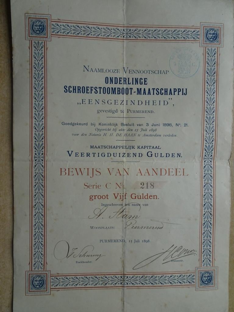 Onderlinge Schroefstoomboot Maatschappij "Eensgezindheid", Postzegels en Munten, Aandelen en Waardepapieren, Ophalen of Verzenden