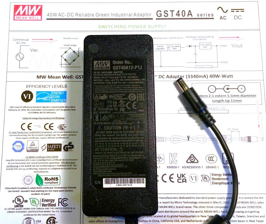 MEAN WELL GST40A12-P1J 12V 3.34A 40W AC Industrial Adapter, Computers en Software, Pc- en Netwerkkabels, Ophalen of Verzenden