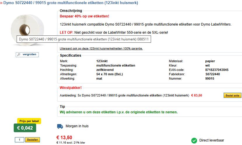 123inkt compatible Dymo 70x54/99015 grote multifunctionele, Dymo, Nieuw, Ophalen of Verzenden, Azerty