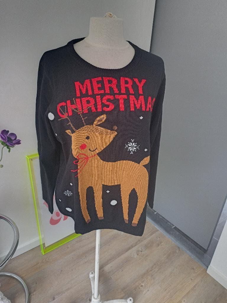 Kerst trui Merry Christmas met rendier maat L blauw, Zwart, Maat 42/44 (L), Zo goed als nieuw, Esmara