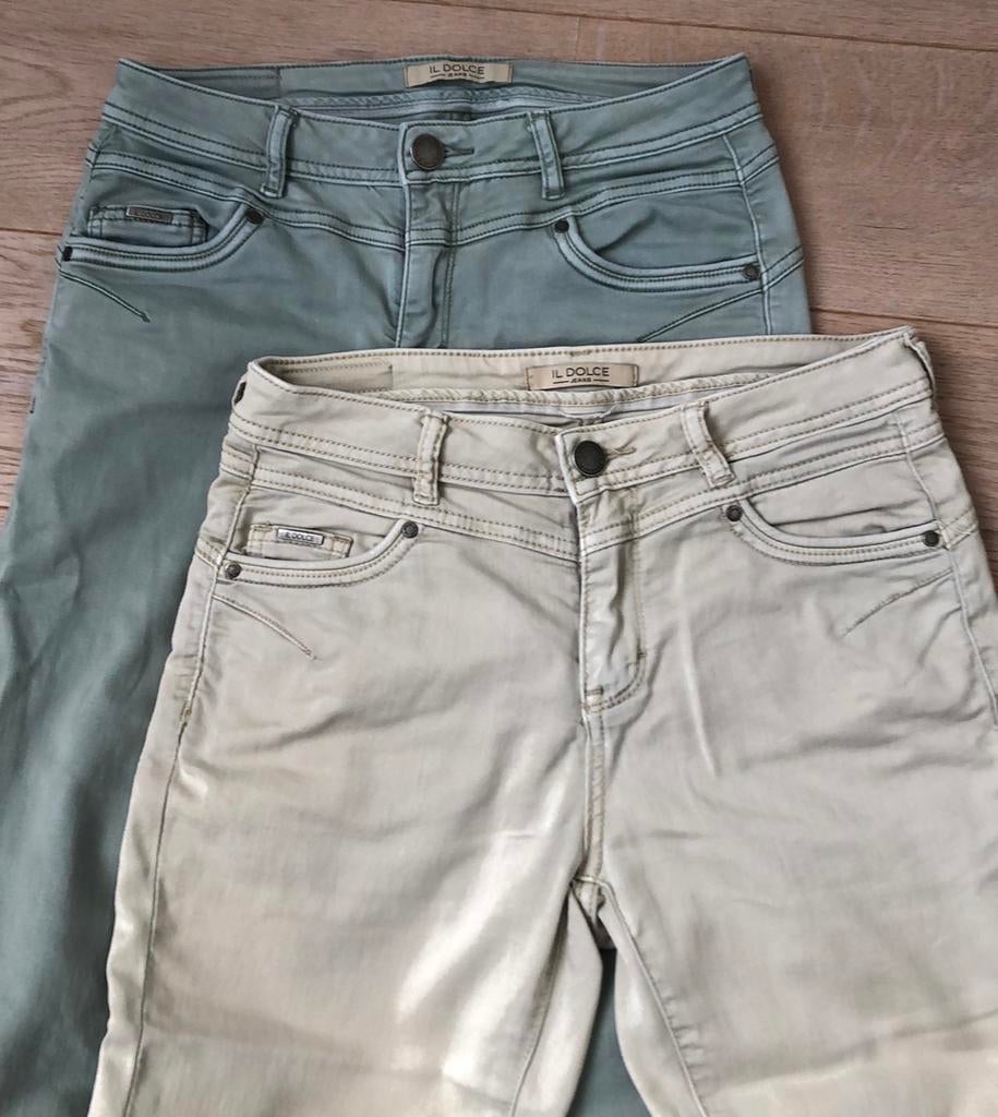 Grijsgroen + beige/ecru jeans mt S Il Dolce, Ophalen of Verzenden, Zo goed als nieuw, Overige kleuren, W28 - W29 (confectie 36)