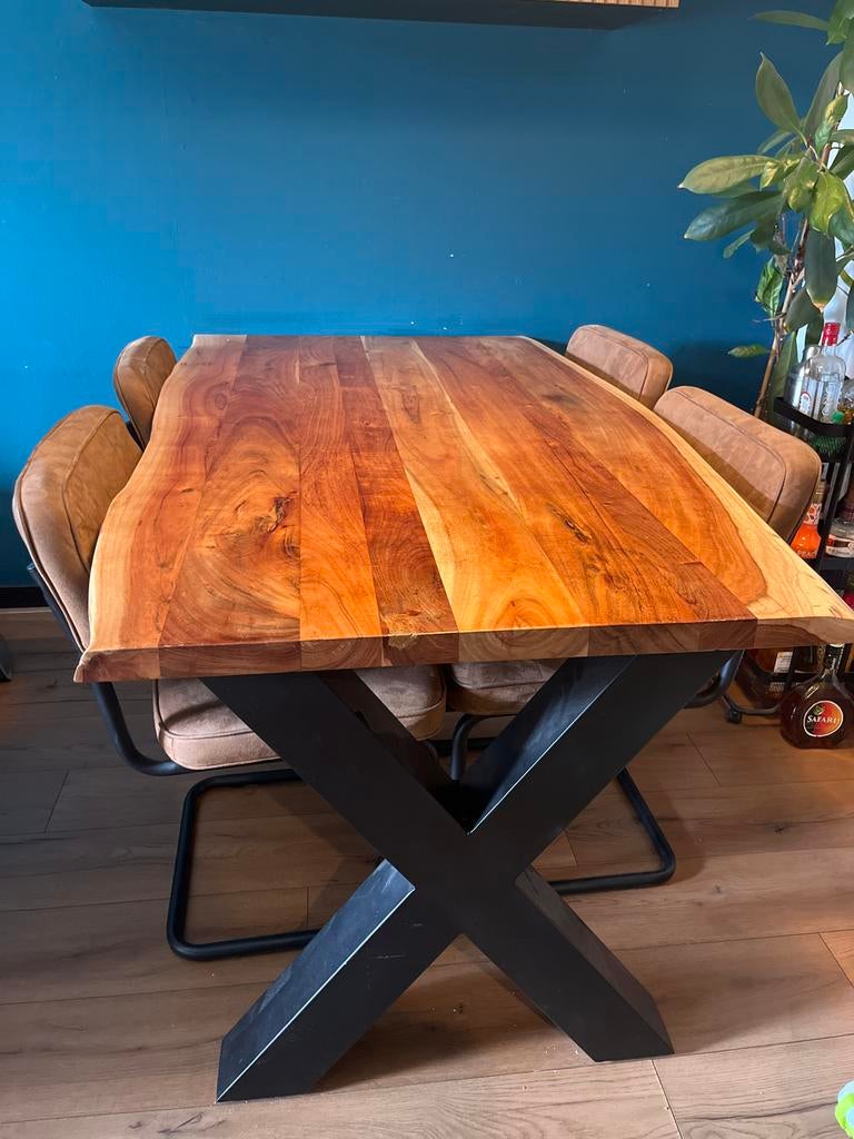 Eettafel met 5 stoelen - 160x85 cm, Ophalen, Gebruikt, 50 tot 100 cm, Vijf personen of meer