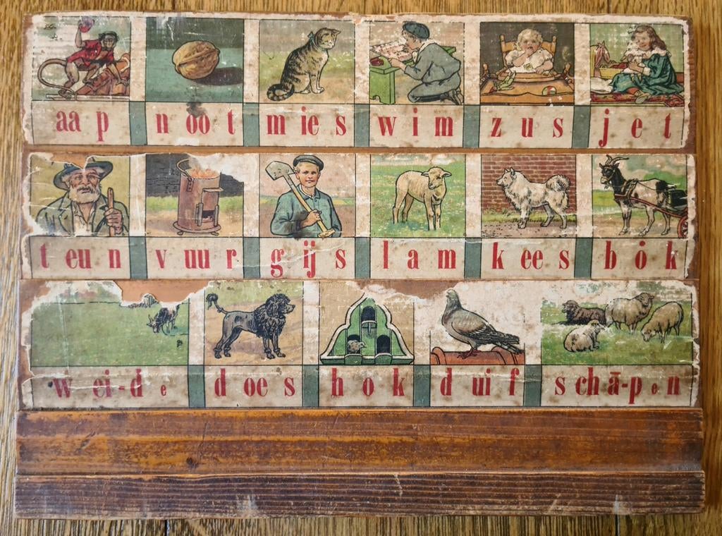 Hoogeveens leesplankje - Aap, Noot, Mies. Ca. 1905, Ophalen of Verzenden
