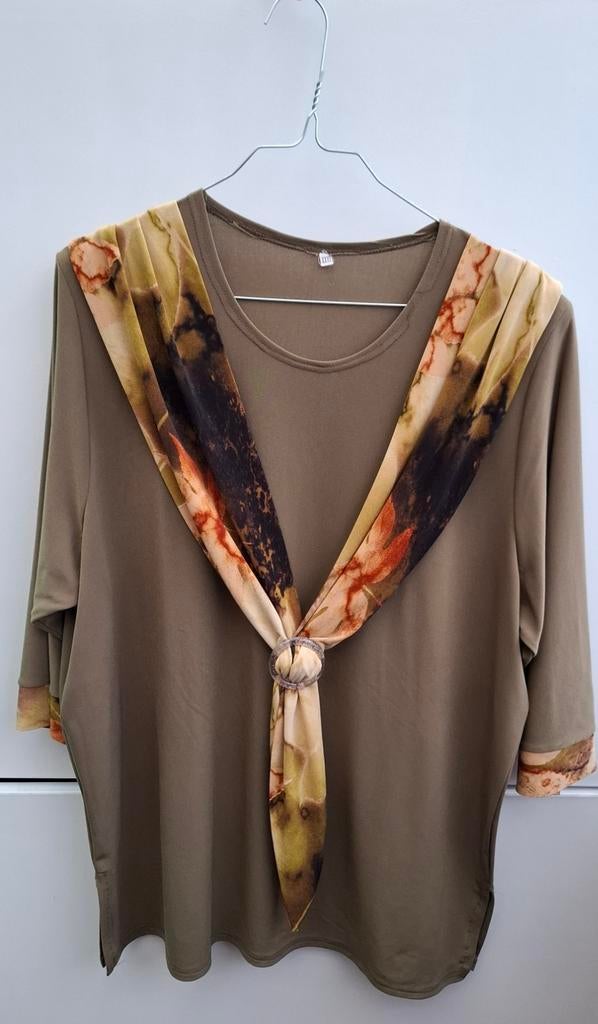 Vintage Blouse /top - maat 46/3XL - groen - sjaal met gesp, Maat 46/48 (XL) of groter, Onbekend, Ophalen of Verzenden, Vintage