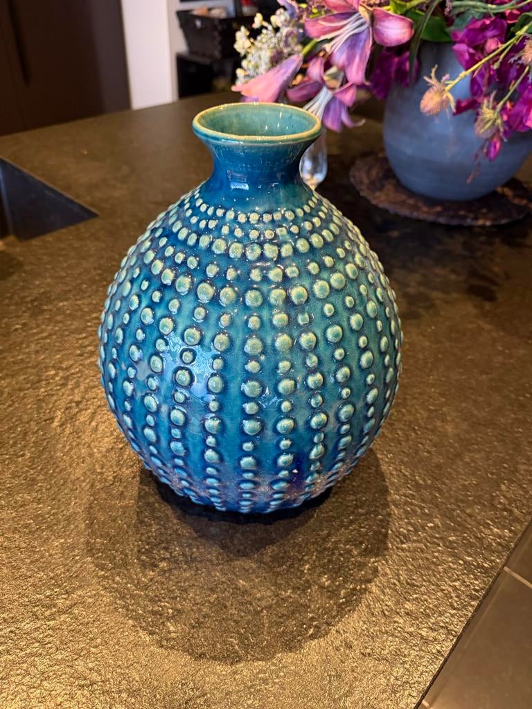 Unieke turquoise vaas met bubbeltextuur, Antiek en Kunst, Ophalen of Verzenden