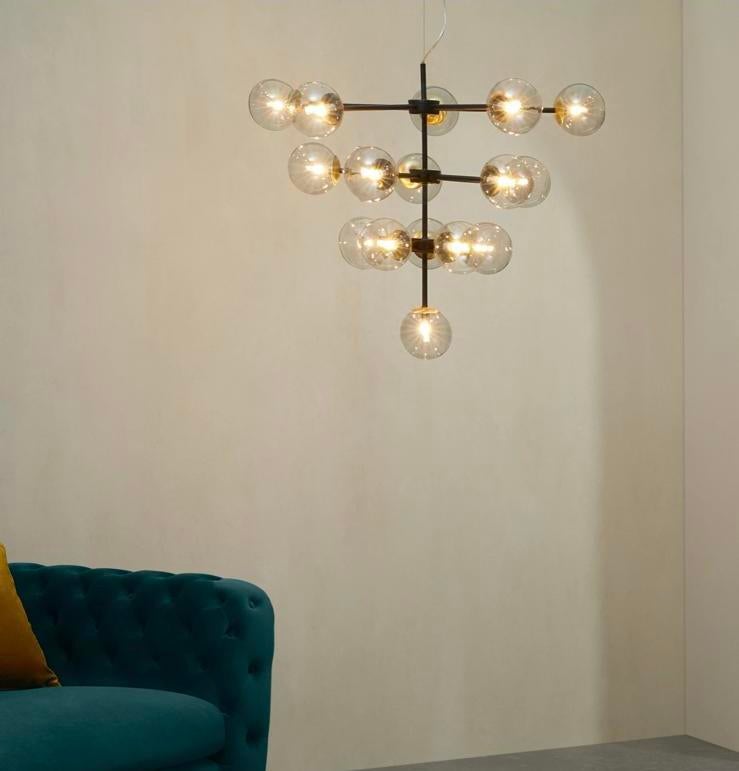 MADE bollen lamp zwart messing rookglas kroonluchter, Huis en Inrichting, Lampen | Kroonluchters, Ophalen, Zo goed als nieuw, Metaal