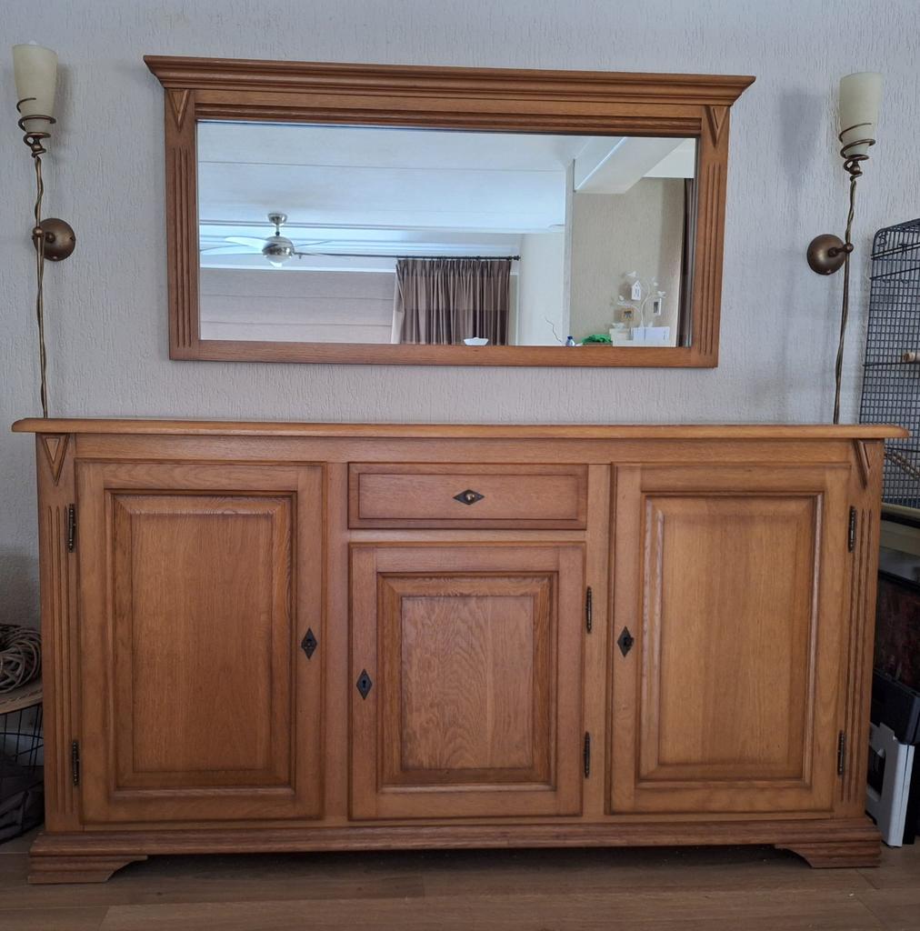 Dressoir met spiegel blank eiken patiné, Ophalen, Zo goed als nieuw, 25 tot 50 cm