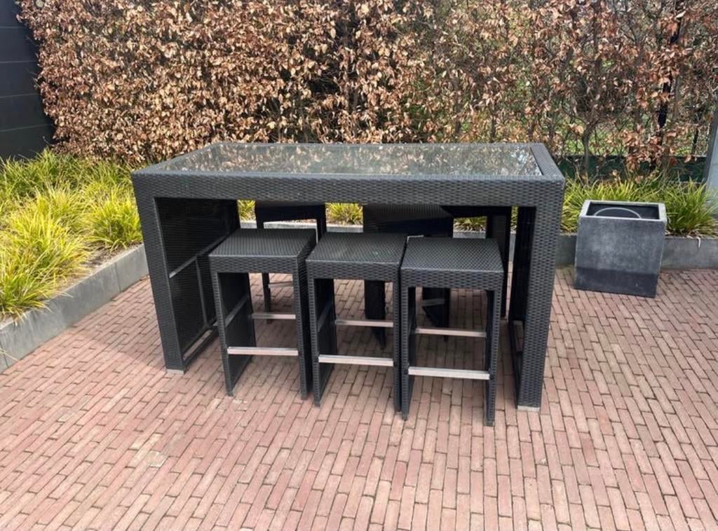 Wicker barset met 6 krukken - Ideaal voor buiten!, Tuin en Terras, Tuintafels, Ophalen of Verzenden, Gebruikt, Rechthoekig, Wicker