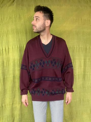 Vintage trui - V-hals - Bordeaux- print - XL beschikbaar voor biedingen