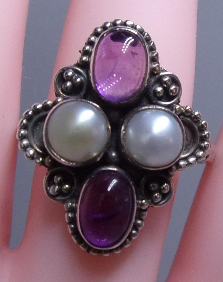 Zilveren ring met echte Parels en Amethisten, nieuw, Sieraden, Tassen en Uiterlijk, Ringen, Nieuw, Dame, 18 tot 19, Paars, Zilver