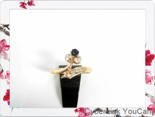 Verfijnde Antieke ring met fonkelende saffier en diamanten, Sieraden, Tassen en Uiterlijk, Ringen, Zo goed als nieuw, Dame, Kleiner dan 17