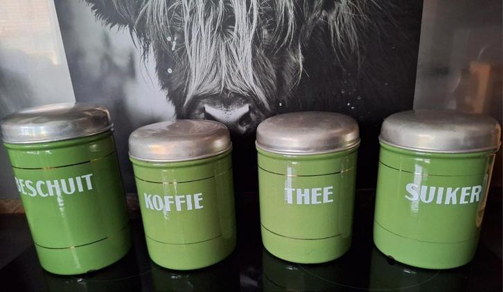 Vintage Voorraadblikken Set - Beschuit, Koffie, Thee, Suiker, Antiek en Kunst, Antiek | Keukenbenodigdheden, Ophalen
