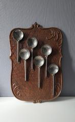 Groot antiek bruin houten lepelrek met 6 tinnen lepels, Ophalen of Verzenden