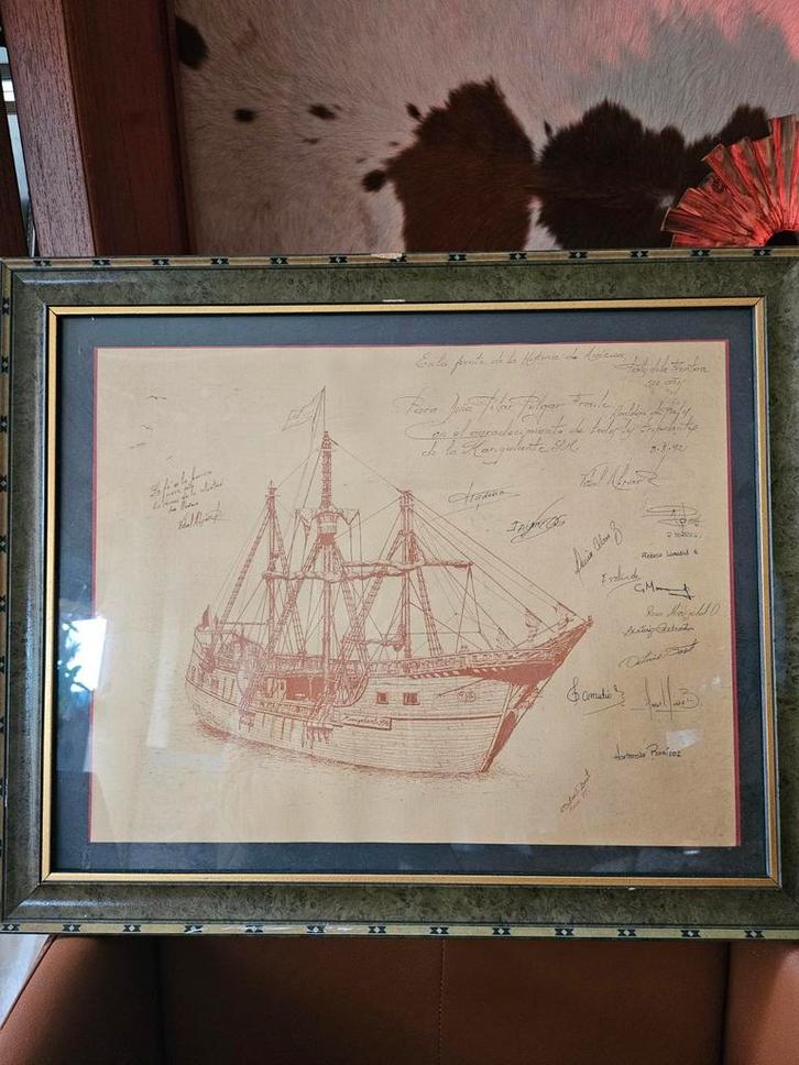 Marigalante Schip met Handtekeningen - Ingelijst, Antiek en Kunst, Kunst | Tekeningen en Foto's, Ophalen of Verzenden
