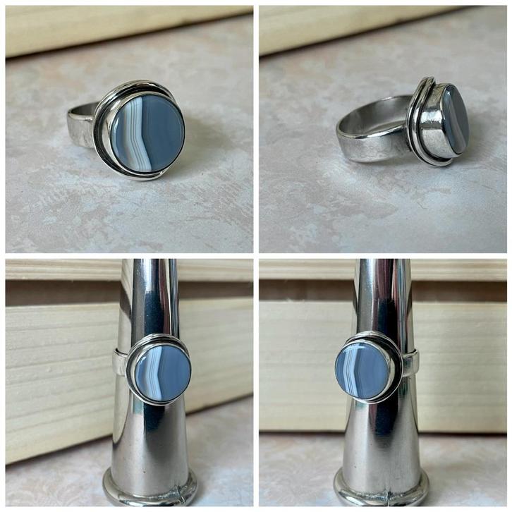 Massief zilveren ring met grijze botswana agaat 18, Sieraden, Tassen en Uiterlijk, Ringen, Nieuw, Dame of Heer, 17 tot 18, Grijs