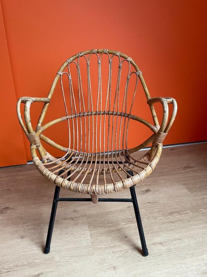 Rotan fauteuil Rohé Noordwold - Nederlands Design jaren 50, Huis en Inrichting, Fauteuils, Gebruikt, Kunststof, Metaal, Riet of Rotan