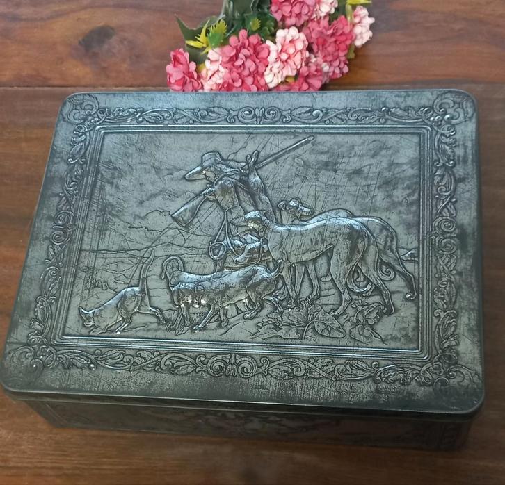 Mooi groot brocant blik, zilverkleurig, afbeelding van jacht, Antiek en Kunst, Curiosa en Brocante, Ophalen of Verzenden