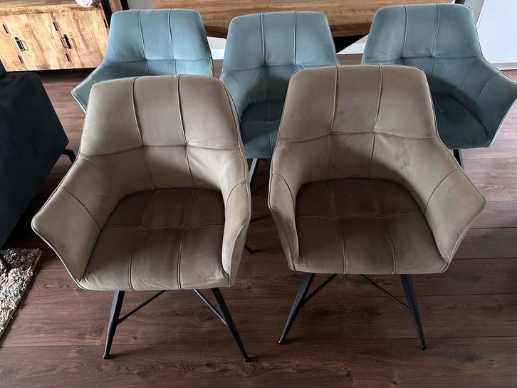 5 Velvet Eetkamerstoelen - Lichtblauw & Taupe, Huis en Inrichting, Stoelen, Zo goed als nieuw, Ophalen