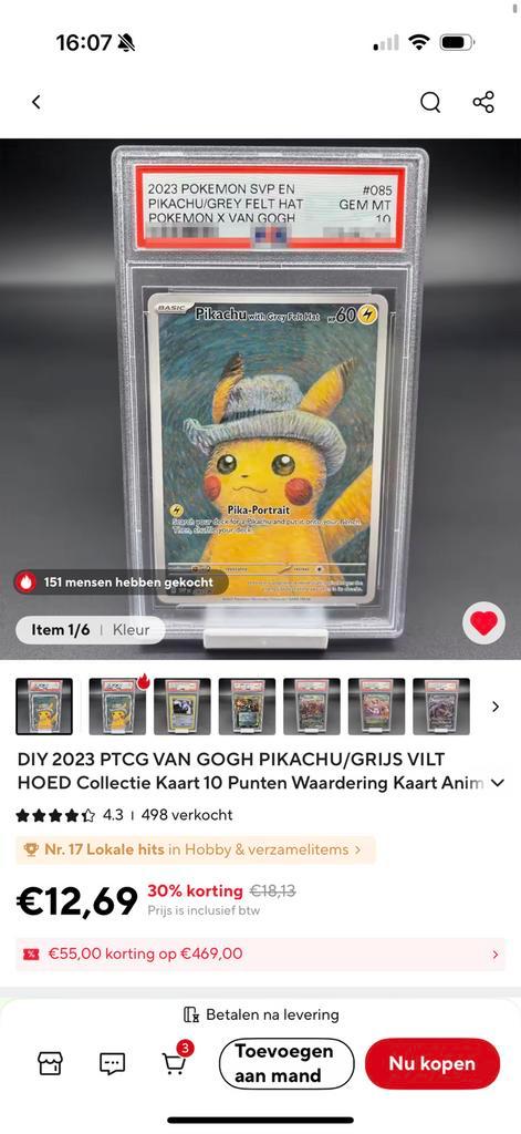 LET OP - NEP PIKACHU GOGH PSA 10 KAARTEN, Hobby en Vrije tijd, Verzamelkaartspellen | Pokémon, Zo goed als nieuw, Ophalen of Verzenden