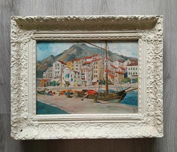 Mediterraan Havenstadje met rustende bootjes  - 1940 beschikbaar voor biedingen