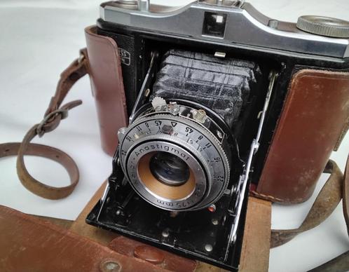 Vintage foto camera Zeiss Ikon in bruin lederen tas, Audio, Tv en Foto, Fotocamera's Analoog, Gebruikt, Compact, Overige Merken